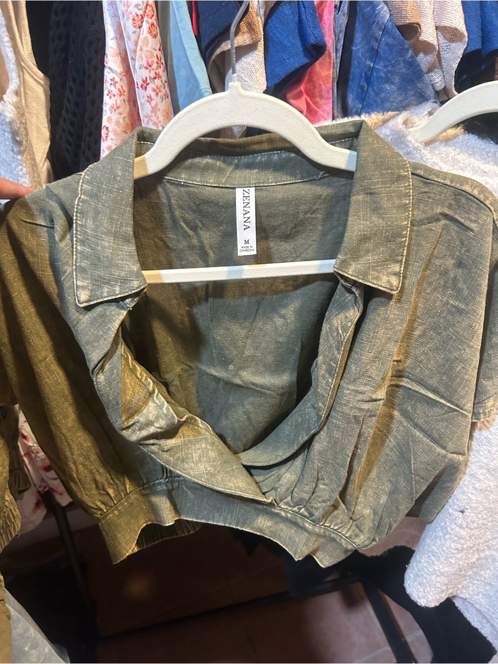 Zenana Outfitters Olive Green Cropped Shirt